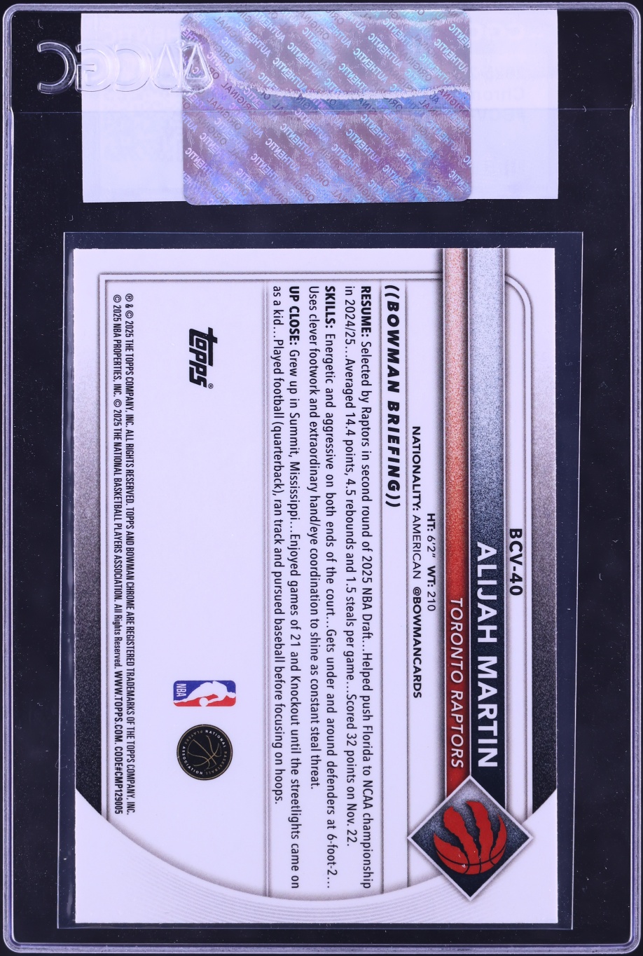 2025 Bowman Chrome Alijah Martin ROOKIE #BCV-40 CGC AUTH