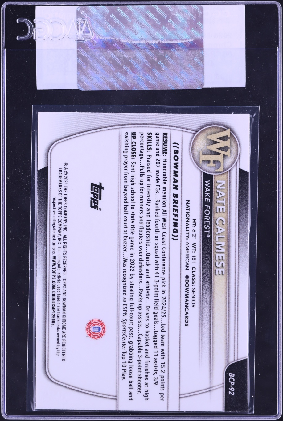 2025 Bowman Chrome University Prospect Mini-Diamond Refractor Nate Calmese #BCP-92 CGC AUTH