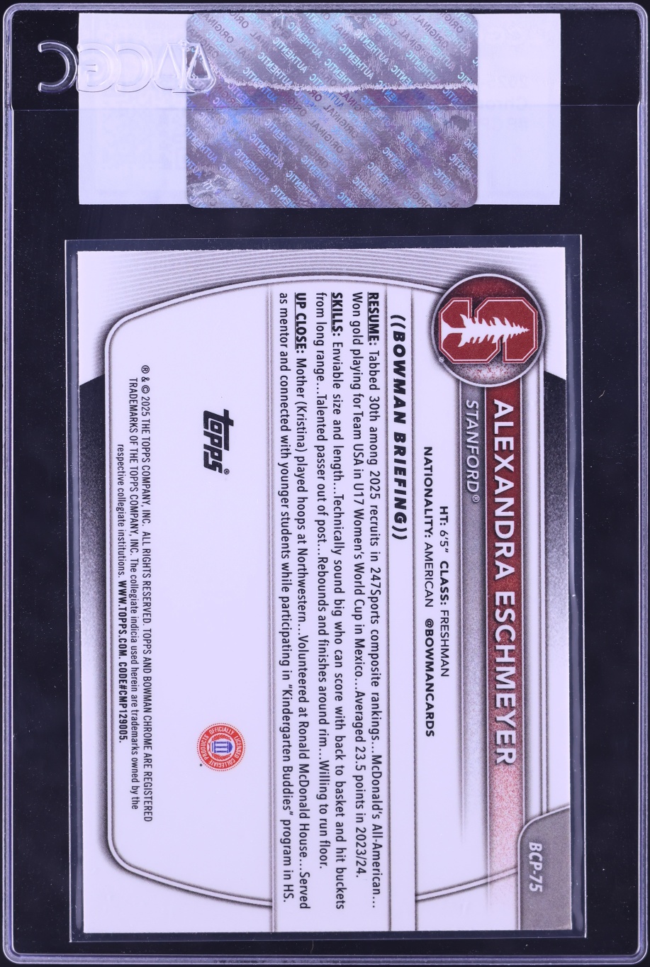 2025 Bowman Chrome University Prospect Alexandra Eschmeyer #BCP-75 CGC AUTH