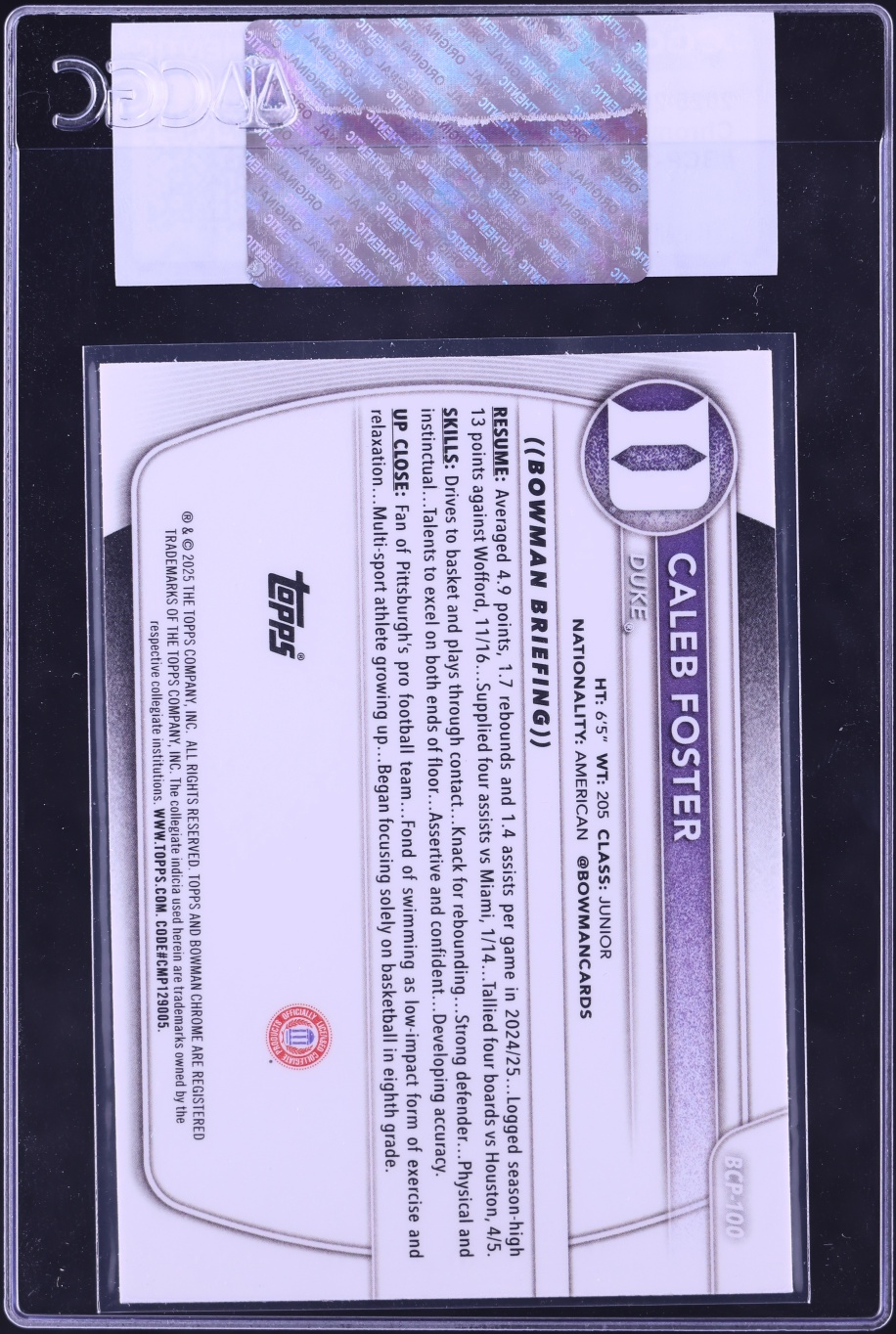 2025 Bowman Chrome University Prospect Caleb Foster #BCP-100 CGC AUTH