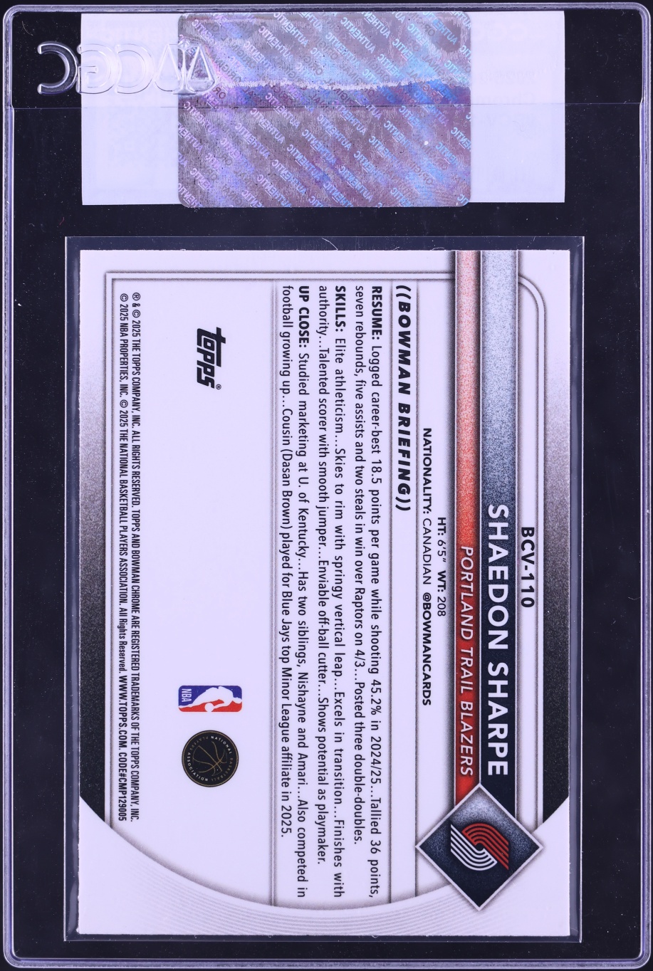 2025 Bowman Chrome Shaedon Sharpe #BCV-110 CGC AUTH