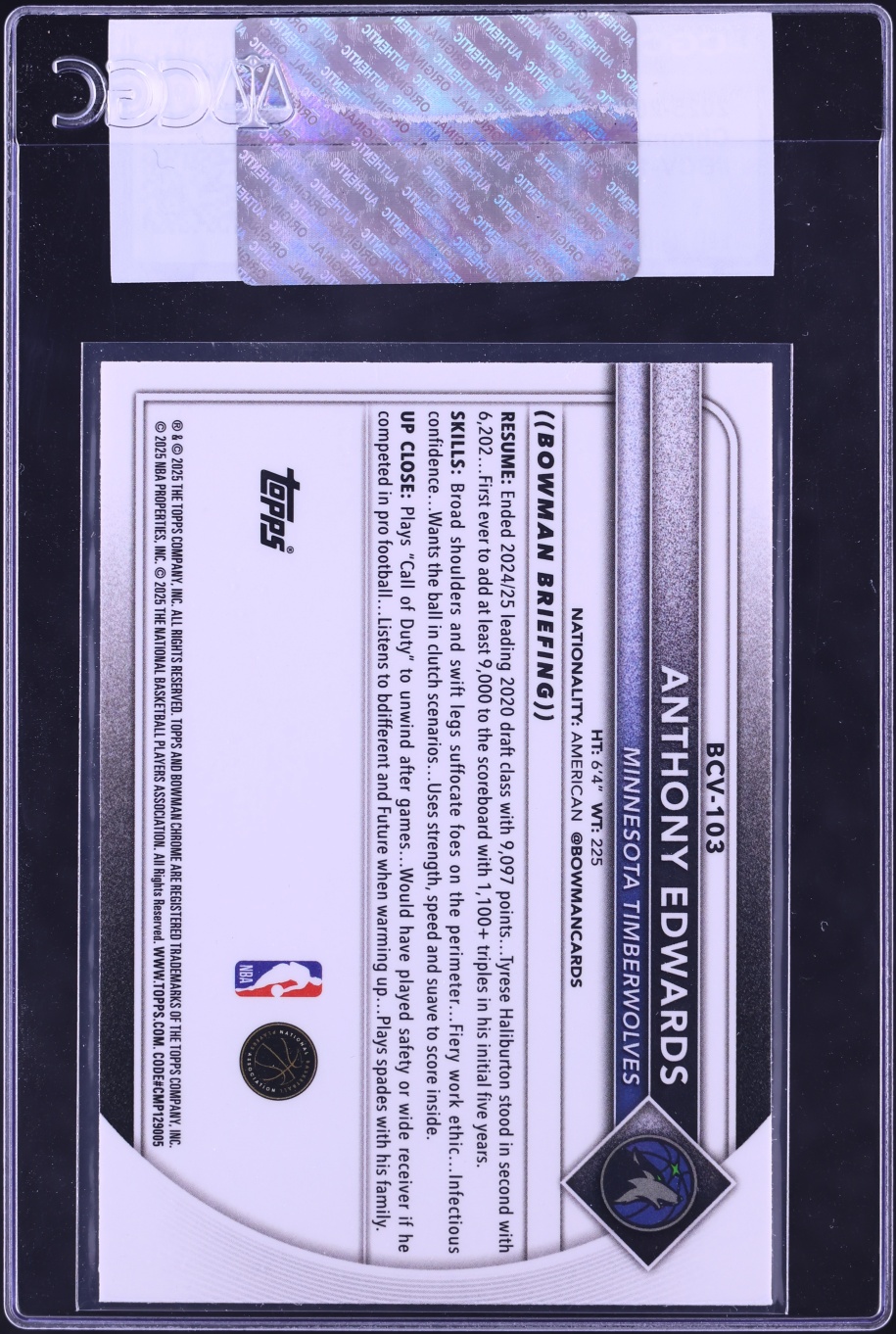 2025 Bowman Chrome Anthony Edwards #BCV-103 CGC AUTH