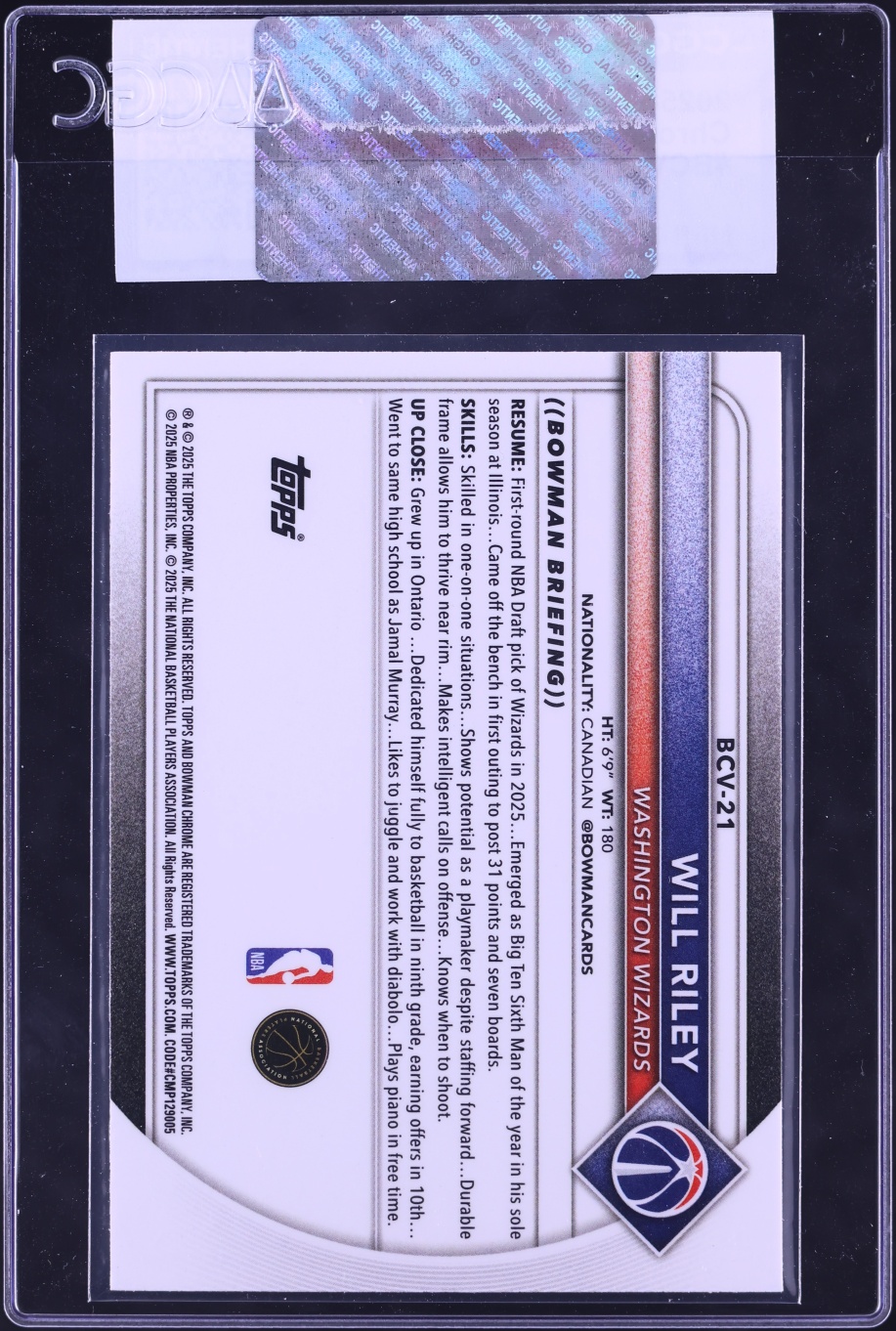 2025 Bowman Chrome Will Riley ROOKIE #BCV-21 CGC AUTH
