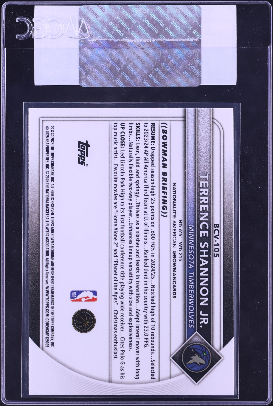 2025 Bowman Chrome Terrence Shannon Jr. #BCV-105 CGC AUTH