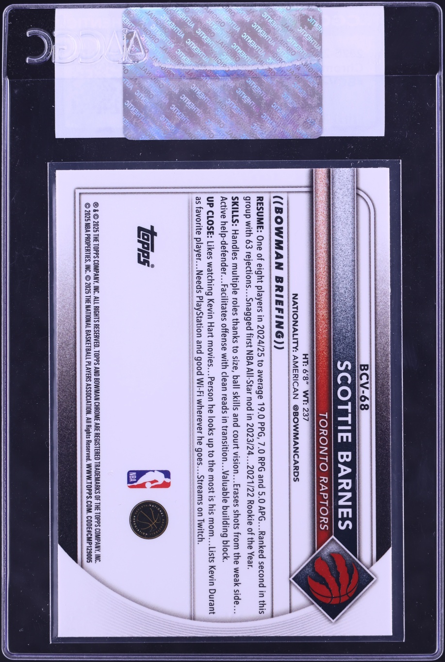 2025 Bowman Chrome Scottie Barnes #BCV-68 CGC AUTH