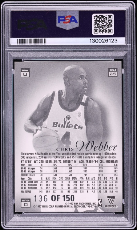 1996 Flair Showcase Legacy Collection Row 0 Chris Webber /150 #25 PSA 8 NM-MT