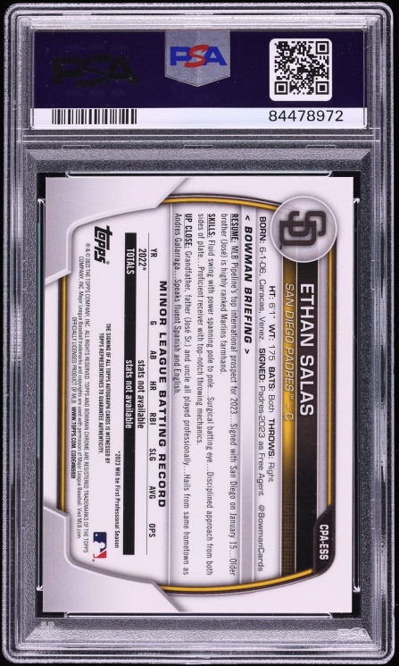2023 Bowman Chrome Ethan Salas PROSPECT AUTO #CPA-ESS PSA 10 GEM MINT