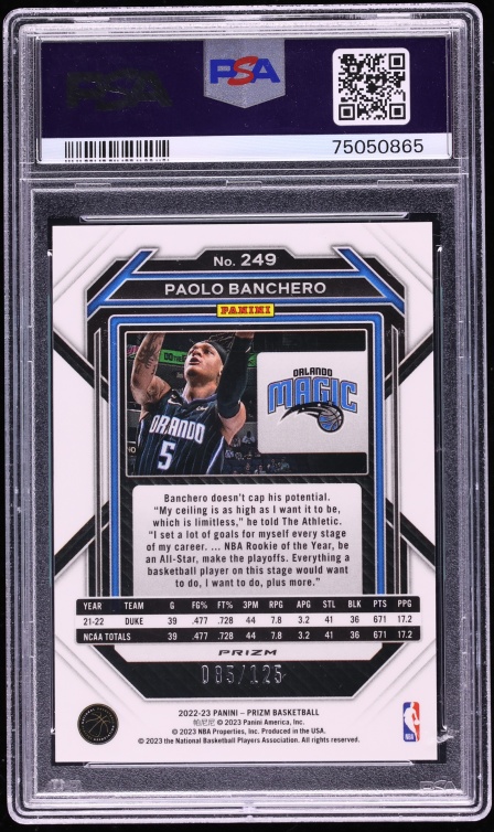 2022 Panini Prizm Blue Ice Paolo Banchero ROOKIE /125 #249 PSA 10 GEM MINT