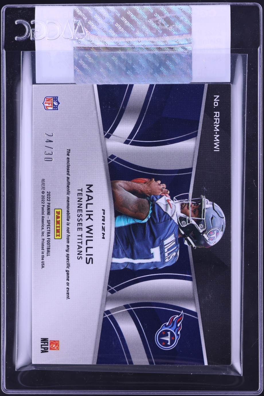 2022 Panini Spectra Rising Neon Blue Prizm Malik Willis ROOKIE PATCH /30 #RRM-MWI CGC AUTH