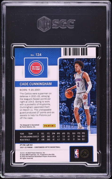 2021 Panini Contenders Optic Red Prizm Cade Cunningham RC AUTO /99 #124 SGC 10 GEM MINT