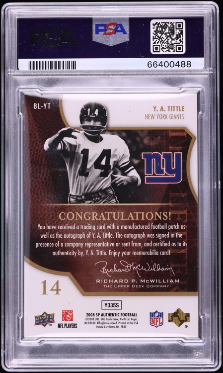 2008 SP Authentic By The Letter L Y.A. Tittle PATCH AUTO /17 #BL-YT PSA 7 NRMT