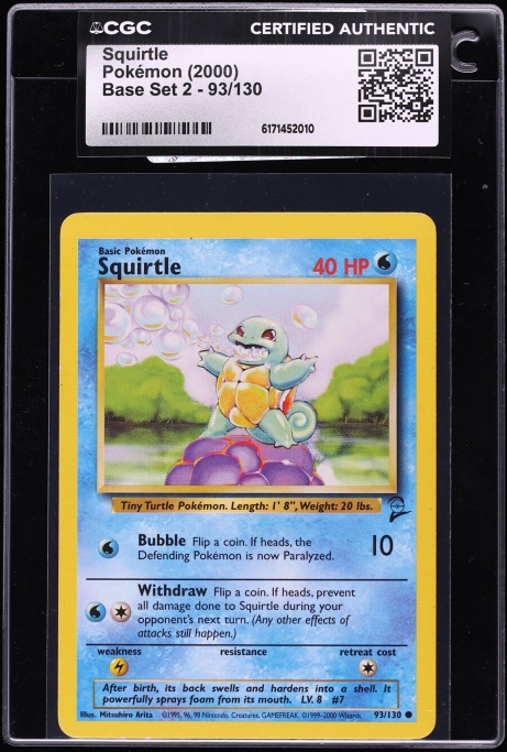 2000 Pokemon Base Set 2 Squirtle #93 CGC AUTH