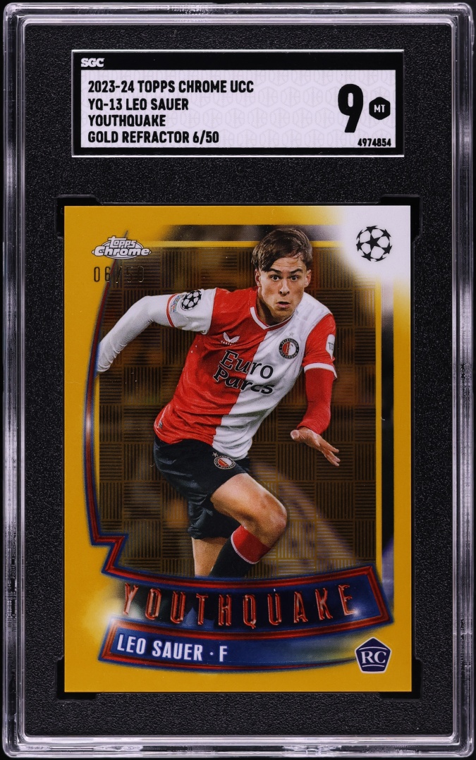 2023 Topps Chrome UEFA CC Youthquake Gold Refractor Leo Sauer ROOKIE /50 #YQ-13 SGC 9 MINT