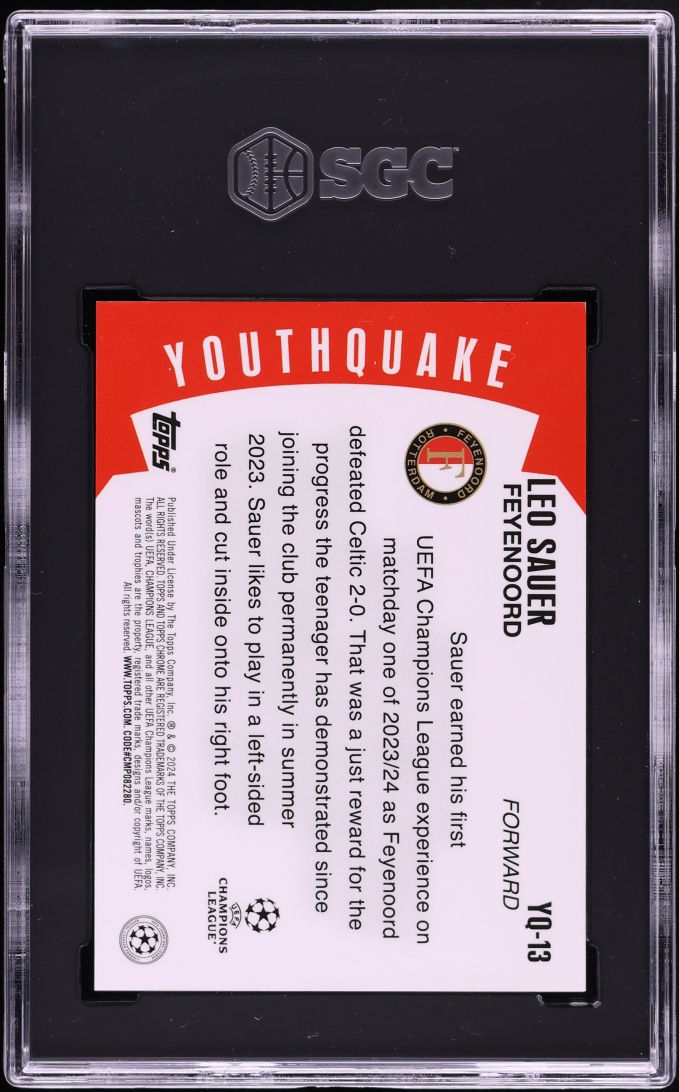 2023 Topps Chrome UEFA CC Youthquake Gold Refractor Leo Sauer ROOKIE /50 #YQ-13 SGC 9 MINT
