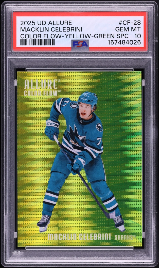2025 Upper Deck Allure Color Flow Yellow Green SPC Macklin Celebrini /99 #CF-28 PSA 10 GEM MINT