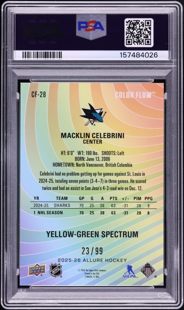 2025 Upper Deck Allure Color Flow Yellow Green SPC Macklin Celebrini /99 #CF-28 PSA 10 GEM MINT