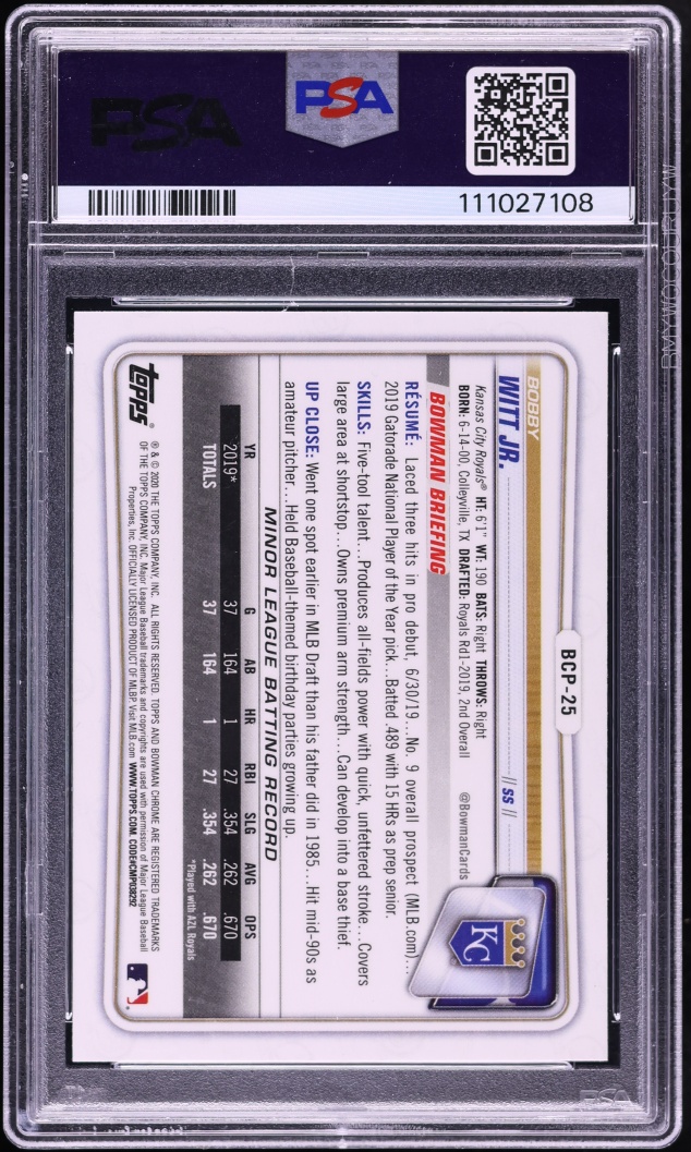2020 Bowman Chrome Bobby Witt Jr. PROSPECT #BCP-25 PSA 10 GEM MINT