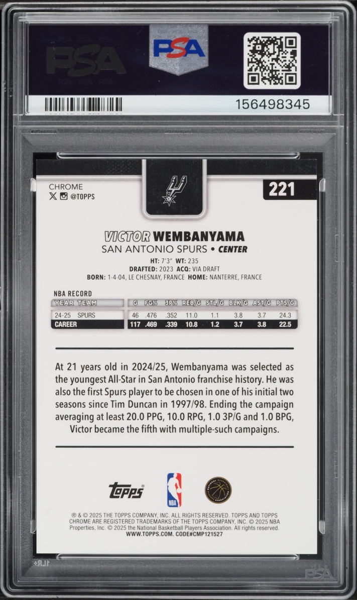 2025 Topps Chrome Red Basketball Refractors Victor Wembanyama /5 #221 PSA 9 MINT