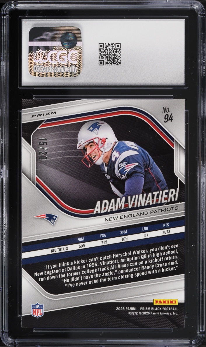 2025 Panini Prizm Black Cherry Blossom Adam Vinatieri /20 #94 CGC 10 GEM MINT