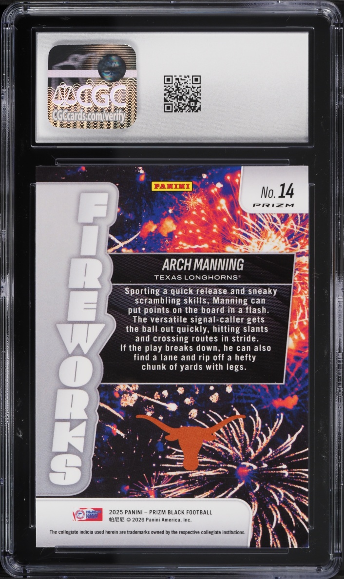 2025 Panini Prizm Black Fireworks Silver Arch Manning #14 CGC 10 GEM MINT