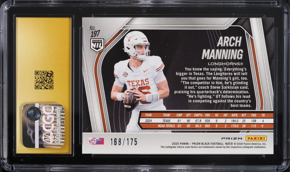 2025 Panini Prizm Black White Arch Manning ROOKIE /175 #197 CGC 10 PRISTINE