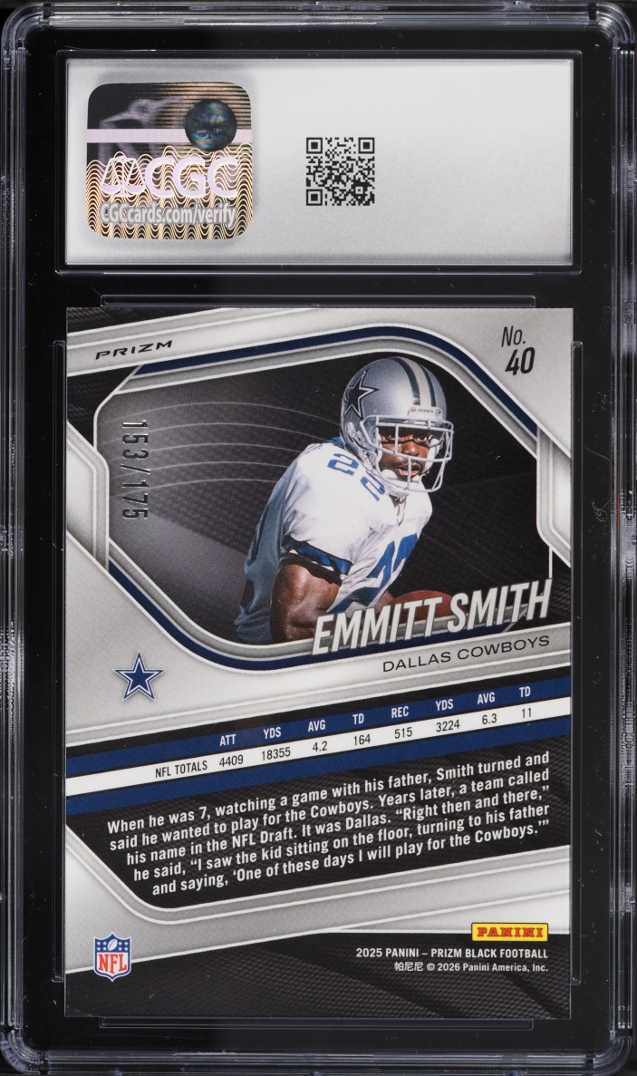 2025 Panini Prizm Black White Emmitt Smith /175 #40 CGC 8.5 NM-MT+