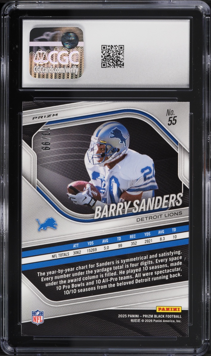 2025 Panini Prizm Black Purple Barry Sanders /99 #55 CGC 9.5 MINT+