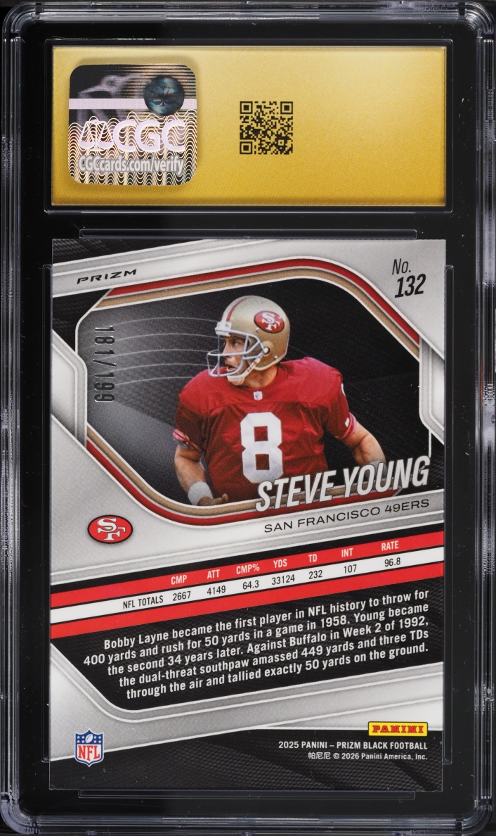 2025 Panini Prizm Black Blue Steve Young /199 #132 CGC 10 PRISTINE