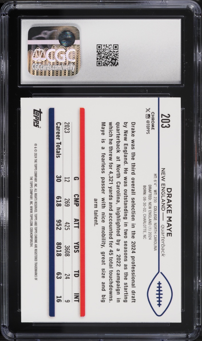 2024 Topps Chrome Prism Refractor Drake Maye ROOKIE #203 CGC 9 MINT