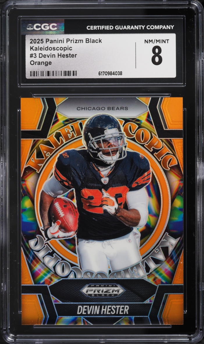 2025 Panini Prizm Black Kaleidoscopic Orange Devin Hester /49 #3 CGC 8 NM-MT
