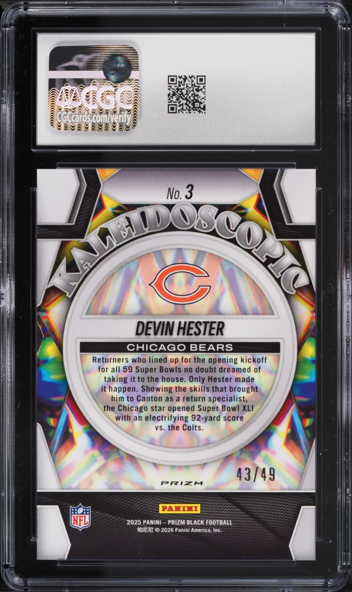 2025 Panini Prizm Black Kaleidoscopic Orange Devin Hester /49 #3 CGC 8 NM-MT