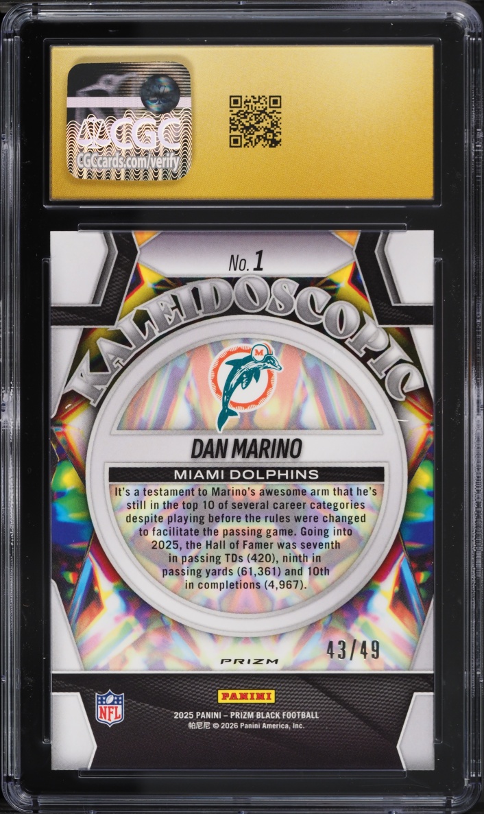 2025 Panini Prizm Black Kaleidoscopic Orange Dan Marino /49 #1 CGC 10 PRISTINE