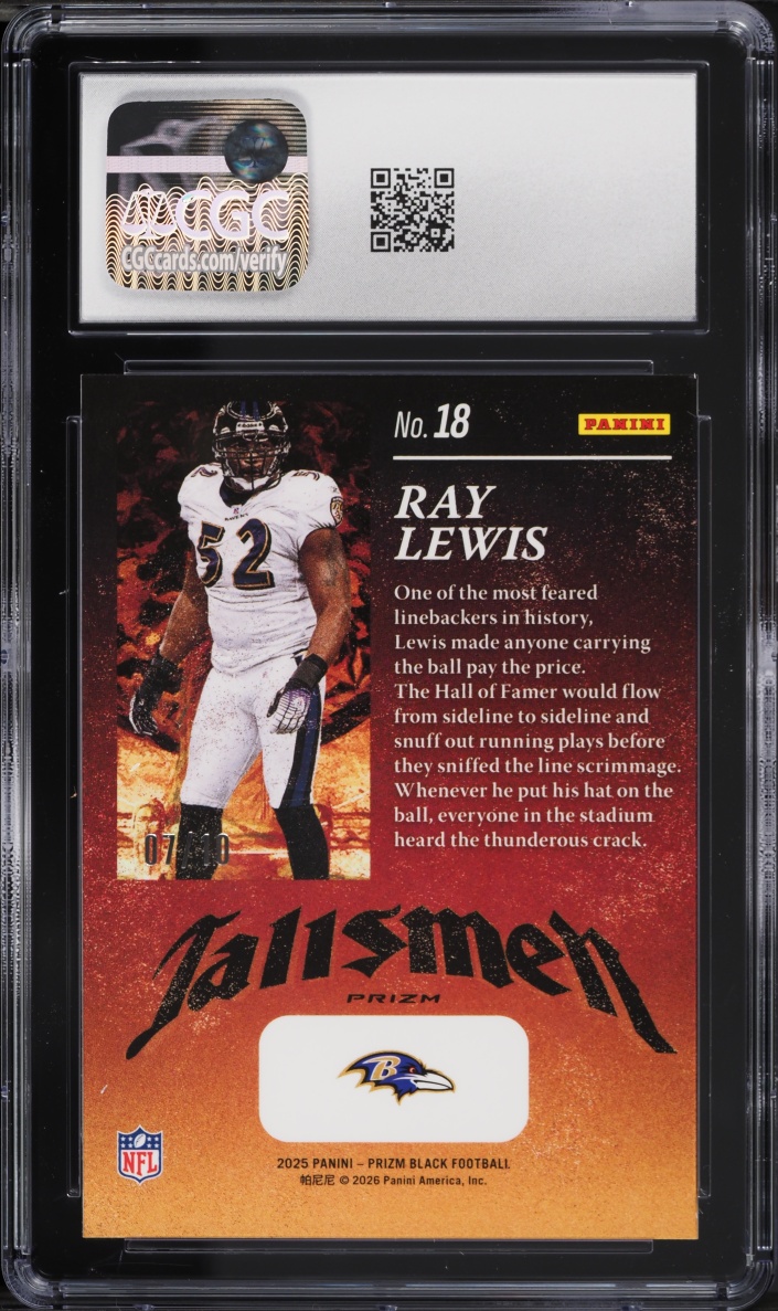 2025 Panini Prizm Black Talismen Gold Ray Lewis /10 #18 CGC 10 GEM MINT