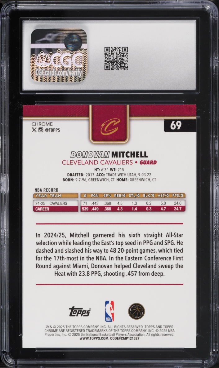 2025 Topps Chrome Blue RayWave Refractor Donovan Mitchell /150 #69 CGC 10 GEM MINT
