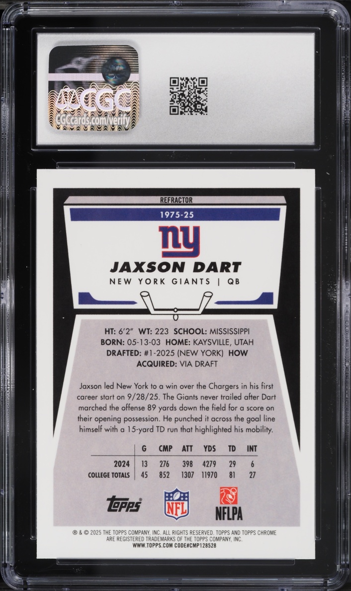 2025 Topps Chrome '75 Refractor Jaxson Dart ROOKIE #1975-25 CGC 9.5 MINT+