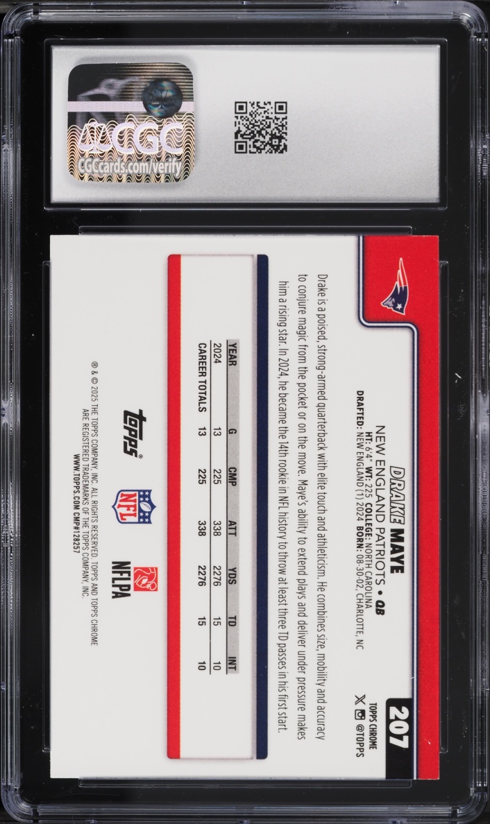 2025 Topps Chrome Purple Lava Refractor Drake Maye /75 #207 CGC 9 MINT