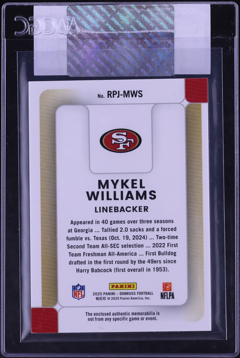 2025 Donruss Rookie Phenom Jerseys Mykel Williams ROOKIE PATCH #RPJ-MWS CGC AUTH