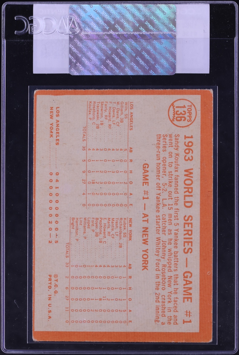 1964 Topps '63 World Series Game 1 Koufax Strikes Out 15 #136 CGC AUTH