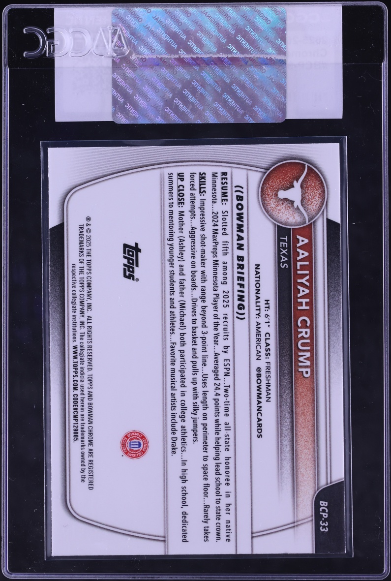2025 Bowman Chrome University Prospect Aaliyah Crump #BCP-33 CGC AUTH