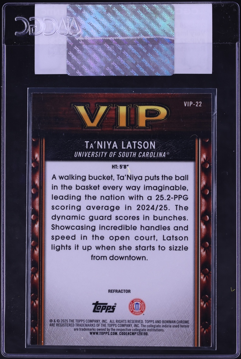 2025 Bowman Chrome University Very Important Prospect Refractor Ta'Niya Latson #VIP-22 CGC AUTH