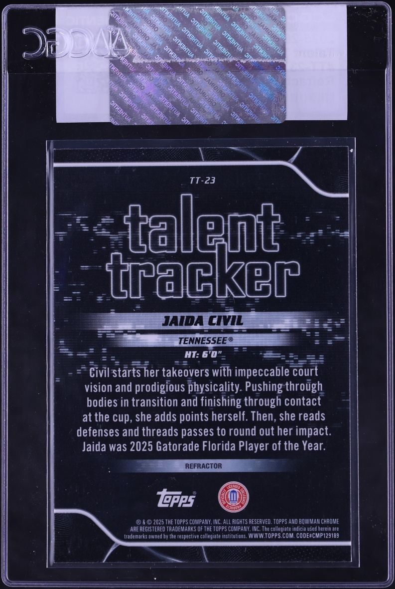 2025 Bowman Chrome University Talent Tracker Refractor Jaida Civil #TT-23 CGC AUTH