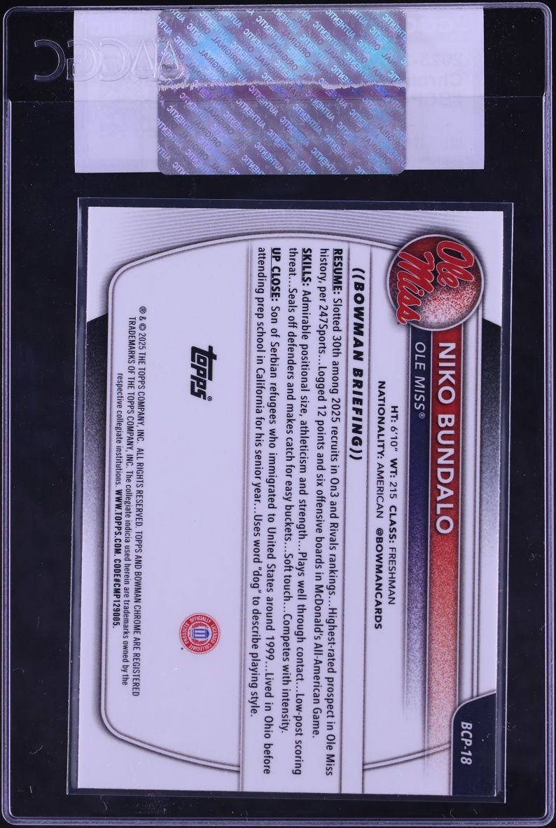 2025 Bowman Chrome University Prospect Niko Bundalo #BCP-18 CGC AUTH