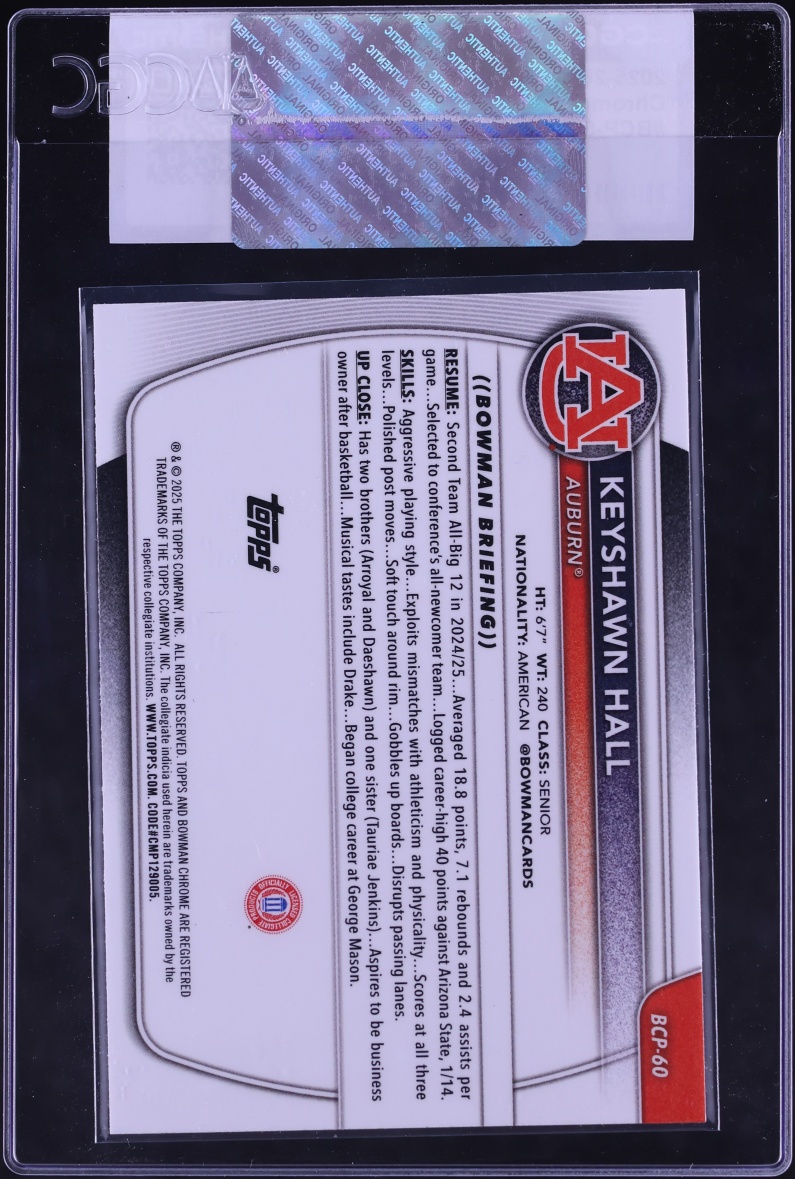 2025 Bowman Chrome University Prospect Keyshawn Hall #BCP-60 CGC AUTH