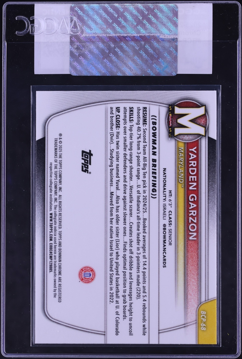 2025 Bowman Chrome University Prospect Yarden Garzon #BCP-68 CGC AUTH