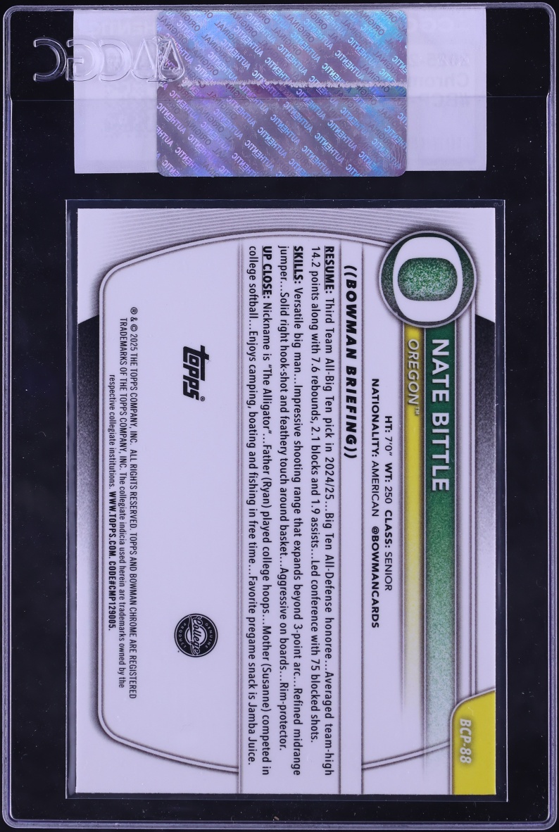 2025 Bowman Chrome University Prospect Nate Bittle #BCP-88 CGC AUTH