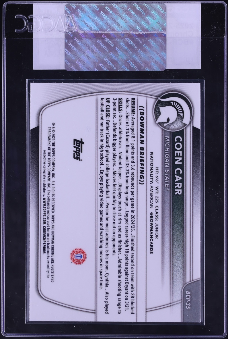 2025 Bowman Chrome University Coen Carr PROSPECT #BCP-35 CGC AUTH