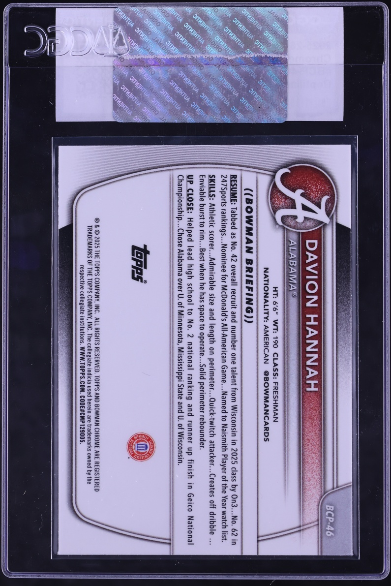 2025 Bowman Chrome University Prospects Reptilian Refractor Davion Hannah #BCP-46 CGC AUTH