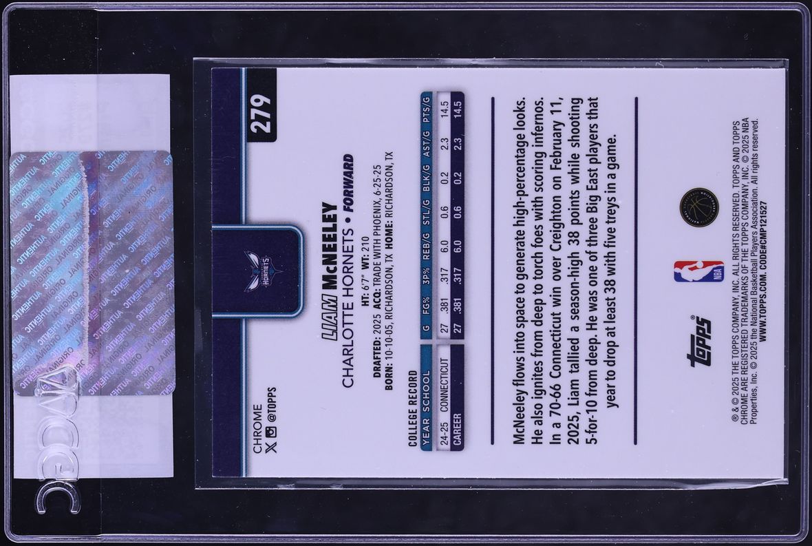 2025 Topps Chrome Prism Refractor Liam McNeeley ROOKIE #279 CGC AUTH