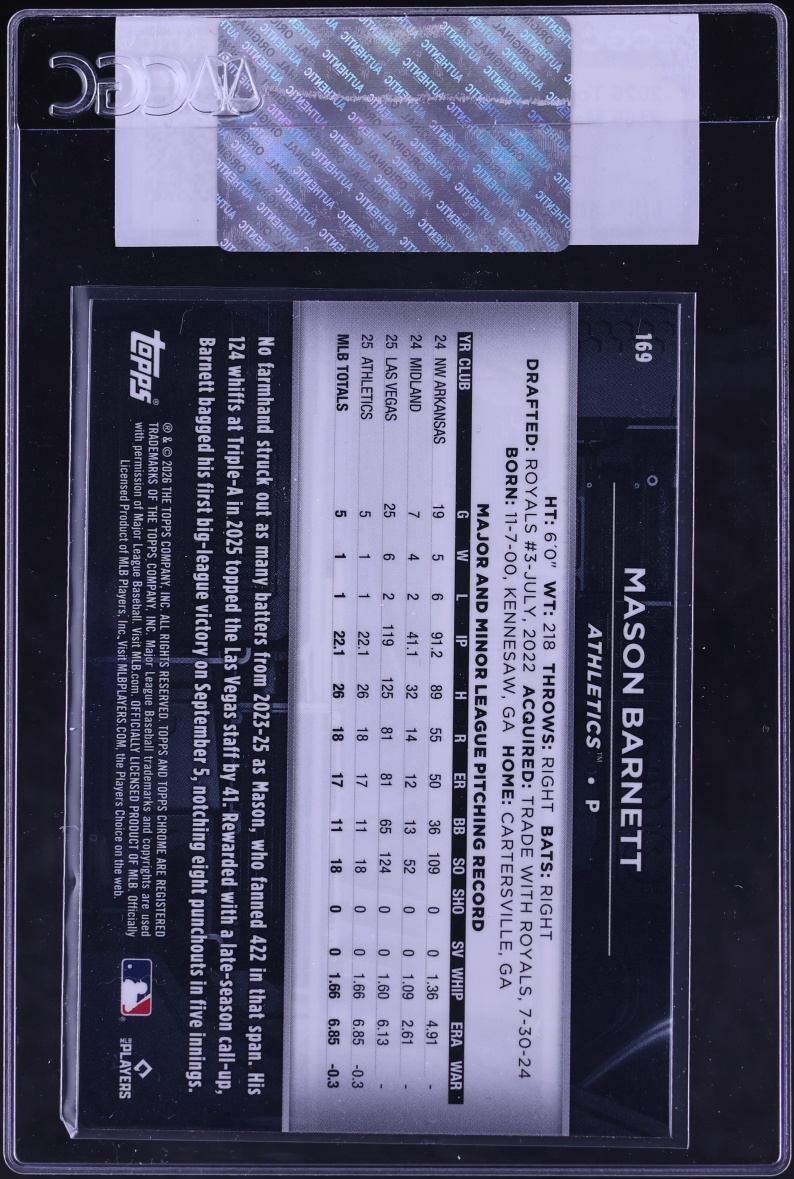 2026 Topps Chrome Black Mason Barnett ROOKIE #169 CGC AUTH