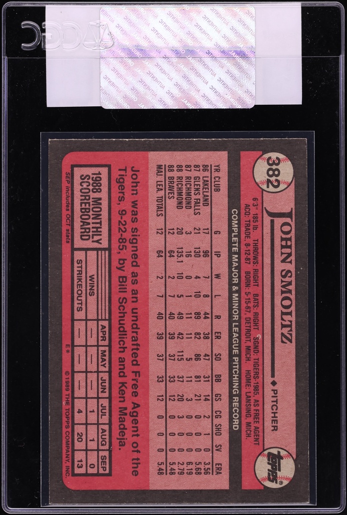 1989 Topps John Smoltz ROOKIE #382 CGC AUTH